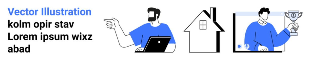 Man using laptop pointing direction, house as a real estate idea, individual presenting achievement trophy. Ideal for remote work, success, career growth, motivation, home office, work-life balance