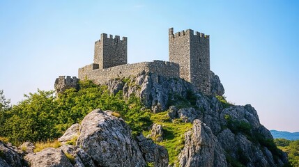 Fototapeta premium Majestic Medieval Castle Stands Tall on Rocky Mountaintop. Ancient Stone Fortress Perched on Large Boulders. Historical Landmark with Clear Sky and Vegetation.