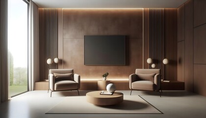 Contemporary interior design featuring brown wall, cozy armchairs, oak coffee table and light floor surfaces
