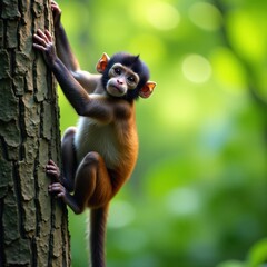 Fototapeta premium Monkey swinging from tree branch, monkey, animal
