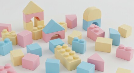 Obraz premium Toy blocks in pastel colors scattered on a white background.
