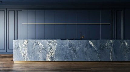 Modern Kitchen with Sleek Minimalist Design: Deep Blue Cabinetry, Marble Countertop, and Wooden Flooring Against Dark Blue Wall - 3D Rendering.