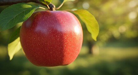Sunlit Red Apple Hanging on Branch: A Vibrant Orchard Scene