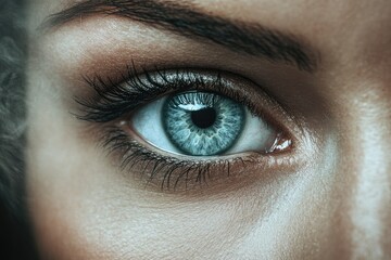 Obraz premium A close-up showcases a beautiful, bright blue human eye with delicate lashes and subtle skin texture