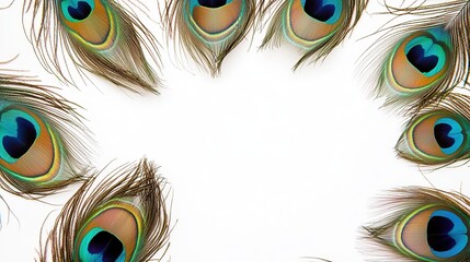 Obraz premium Peacock Feathers Creating a Frame Against White Backdrop. Vibrant Iridescent Plumage for Creative Designs and Fashion.