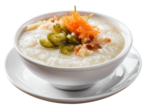 Creamy rice congee topped with crispy toppings and garnishes, offering comforting meal