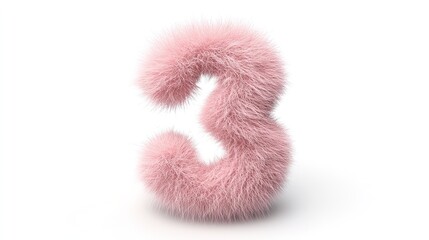 Pink Fluffy Fur Number Three on White Background. Cute 3D Design for Kids with Unique Modern Font Element.