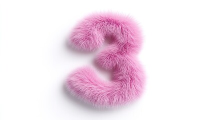 Fototapeta premium Pink Fluffy Fur Number Three on White Background. Cute 3D Design for Kids with Unique Modern Font Element.