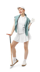 Woman with golf club and ball on white background