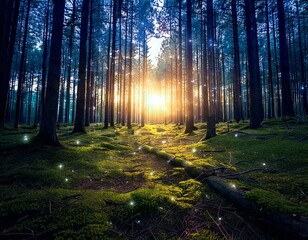 Fototapeta premium magical lights sparkling in mysterious forest at night 
