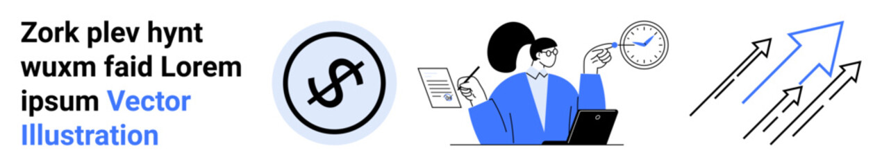 Dollar sign, professional analyzing charts, clock, upward arrows symbolizing growth, progress. Ideal for financial planning, business growth, productivity, economic success performance improvement