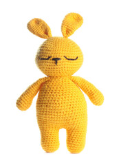 Cute knitted toy bunny isolated on white
