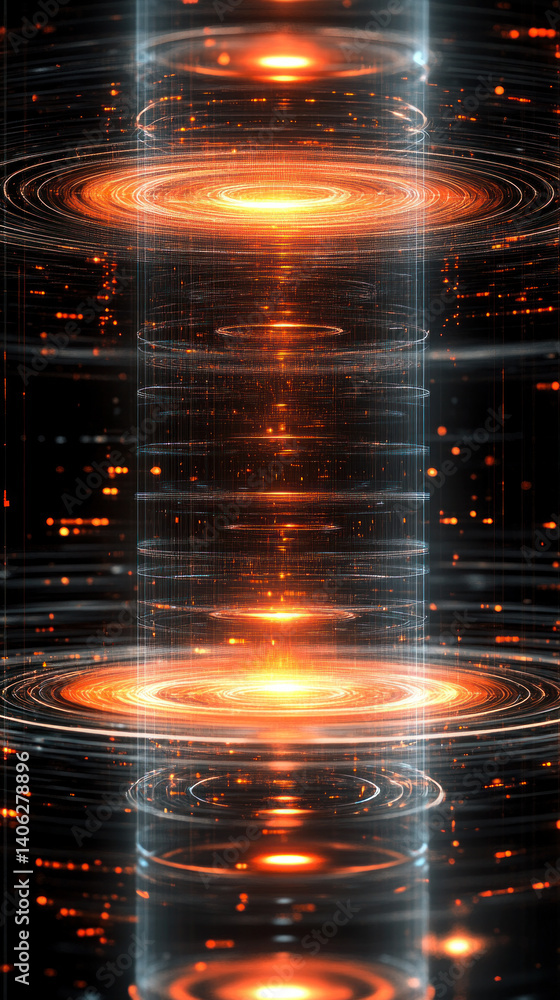 Poster a series of glowing circles are arranged in a tall, thin column. the circles are illuminated with a 