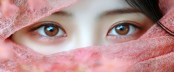 Piercing brown eyes peek from behind soft pink fabric, framed by delicate lashes and dark hair