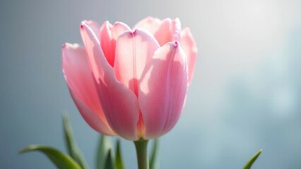 Fototapeta premium A delicate pink tulip blooms against a soft, blurred background, showcasing its smooth petals and green leaves, embodying the beauty of nature.