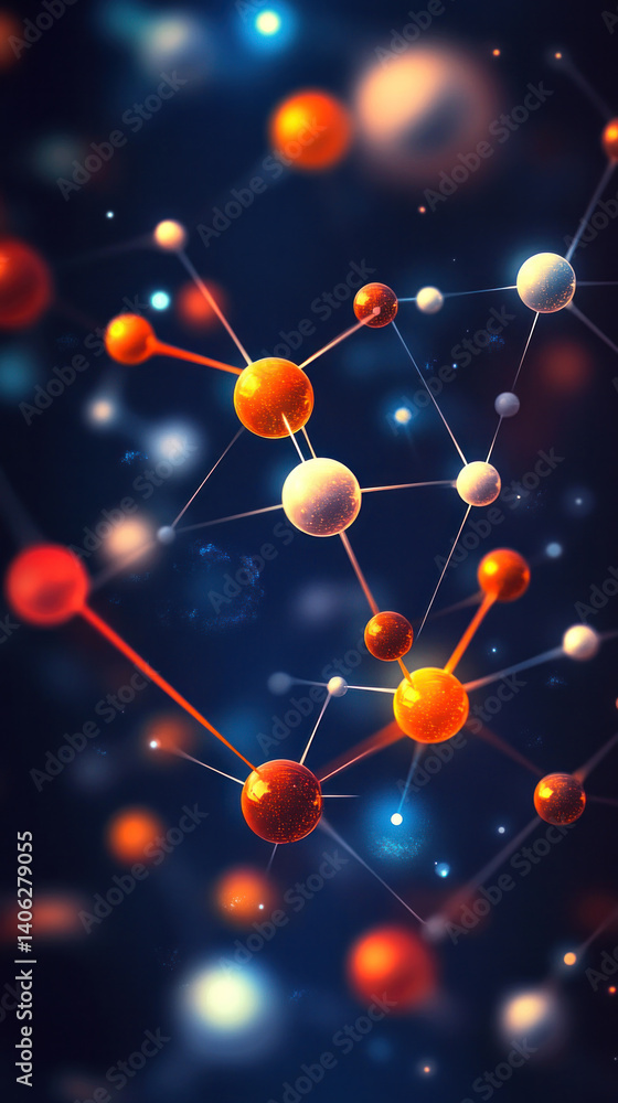 Poster a colorful image of many small spheres, some of which are red and some are orange. the image is abst