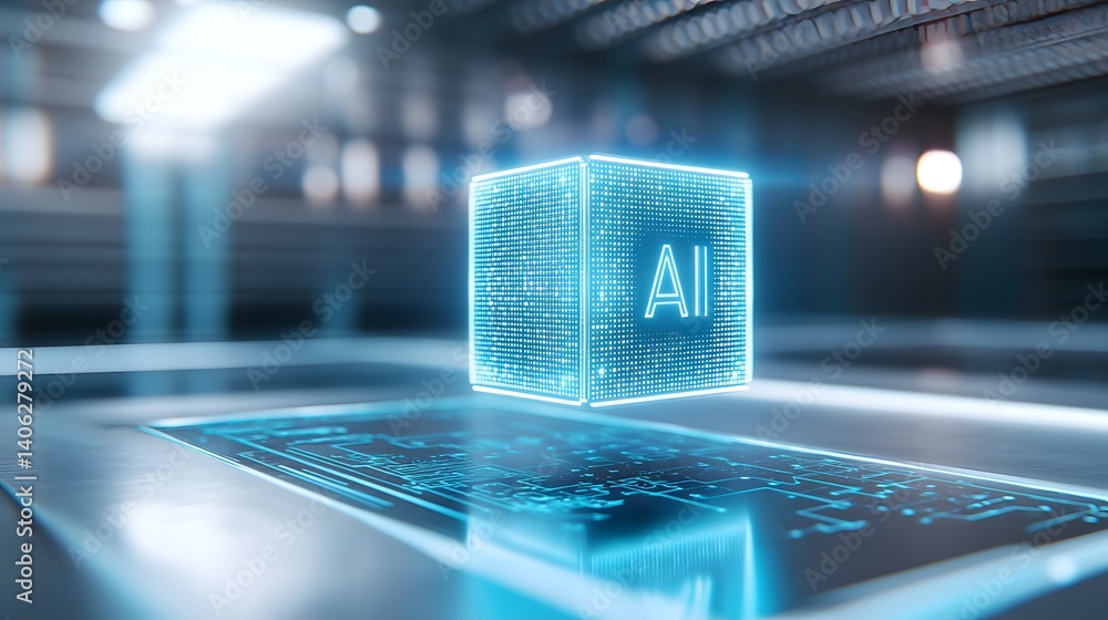 Aufkleber ai cube hologram over circuit board in futuristic setting