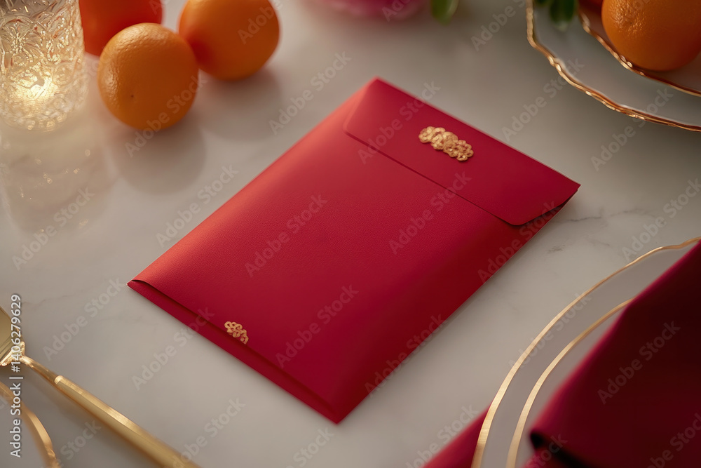 Poster a red envelope with gold embossing sits on a table with a plate of oranges and a fork