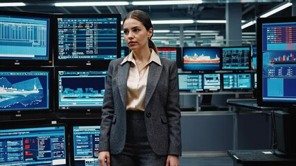Female professional in a modern control room surrounded by computer monitors displaying complex data and charts in a high tech environment - Powered by Adobe