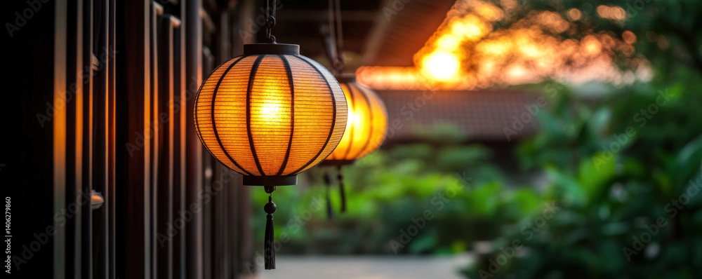 Aufkleber a row of lanterns hanging from a building, with the sun setting in the background. the lanterns are 