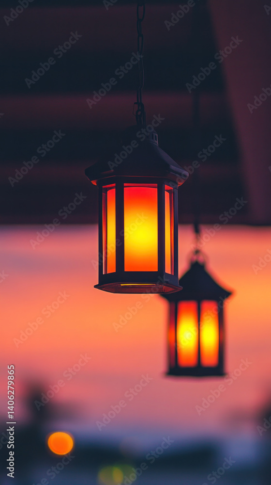 Poster two lanterns hanging from a ceiling, one of which is lit up. the other is unlit. the scene is set ag