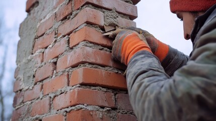 Mason repairing a brick chimney on a house. Featuring chimney repair