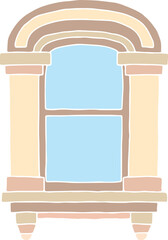 classic antique arched window with shades of beige flowers with two columns on the sides and a window sill with two decorative elements, hand drawn with curved black outlines