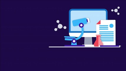 Computer, microscope, document, and beaker in a scientific setting. Ideal for educational materials, sciencerelated articles, and medical presentations.