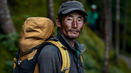 Obraz premium Portrait of a Sunburned Male Hiker with Backpack in a Lush Green Forest Setting During Daytime