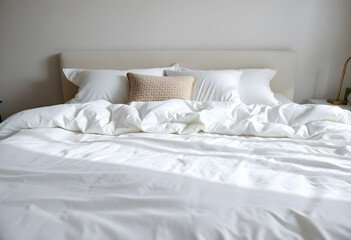 bed with white sheets and pillows in a bedroom