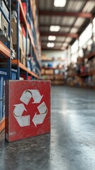 Recycle box sits in warehouse aisle, stocked with boxes on shelves, blur background