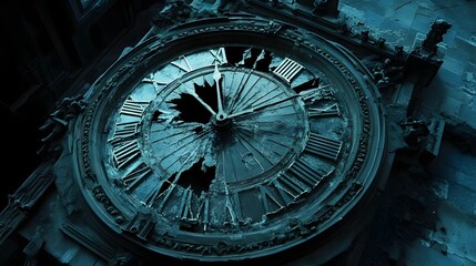 Broken clock face, abandoned building