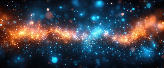 Fototapeta premium Abstract cosmic view of orange and blue stardust, sparkles, and bokeh against a dark background
