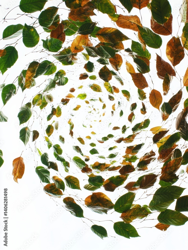 Poster spiraling leaves create a dynamic whirlwind of green and brown against a white background