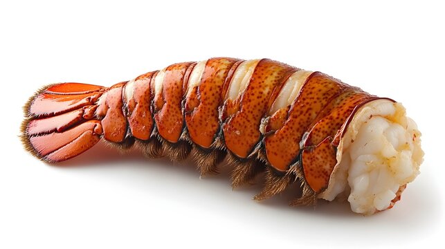 A succulent, cooked lobster tail is presented on a pristine white background, showcasing its vibrant orange and white segments.