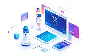 Online shopping, digital selling, ecommerce process, and customer experience through modern illustrated scenes on white background.