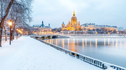 Obraz premium Serene winter cityscape snow covered pathway and calm river reflection