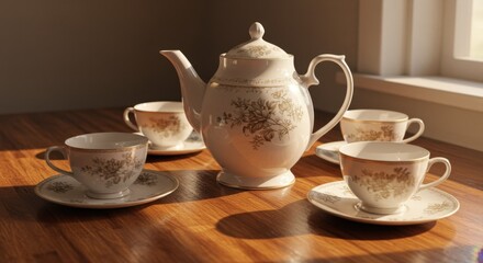 Fototapeta premium Elegant Tea Set: Porcelain Teapot and Cups on Wooden Table in Sunlight