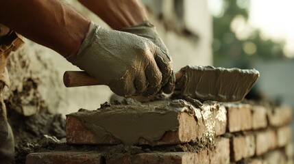 Mason using a trowel to apply mortar to bricks. Featuring masonry work