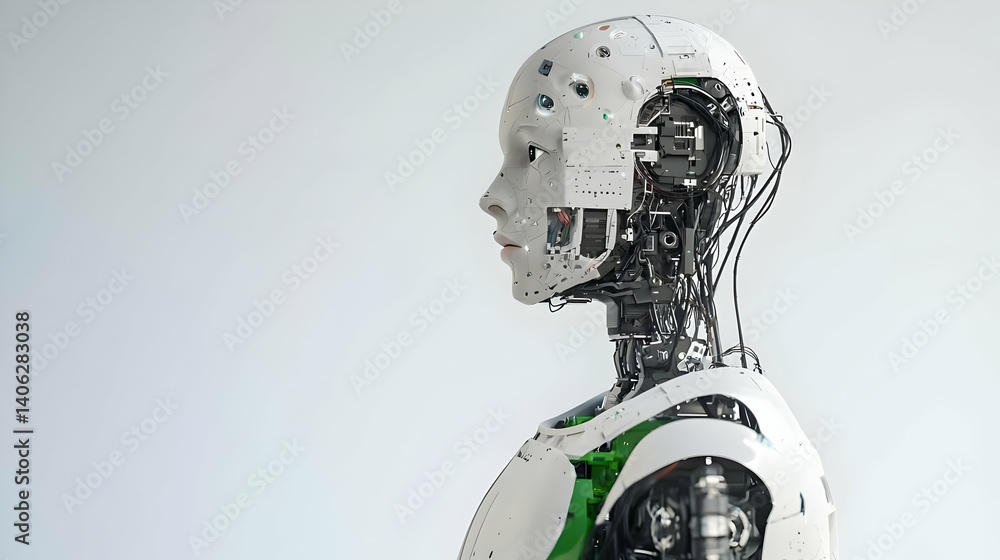 Poster Robot Profile View Against White Background Showing Mechanical Details And Futuristic Technology