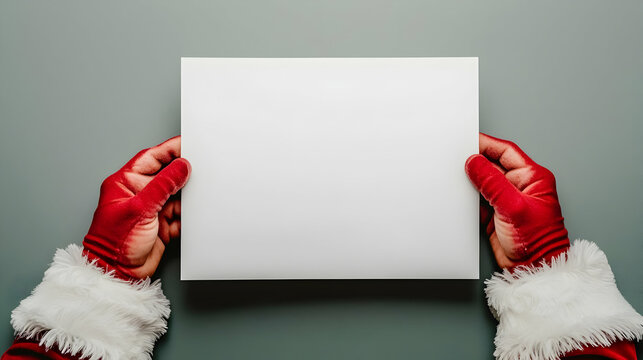 Santa Claus Hands Holding Blank White Paper Against Grey Festive Christmas Background With Space For Text
