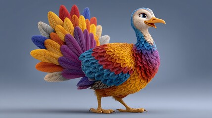 Obraz premium Colorful, cartoon turkey, vibrant plumage, happy expression