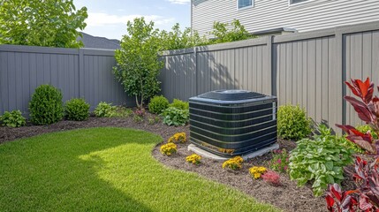 Backyard with air conditioner condenser visible, surrounded by decorative garden fencing, showing an efficient home cooling system