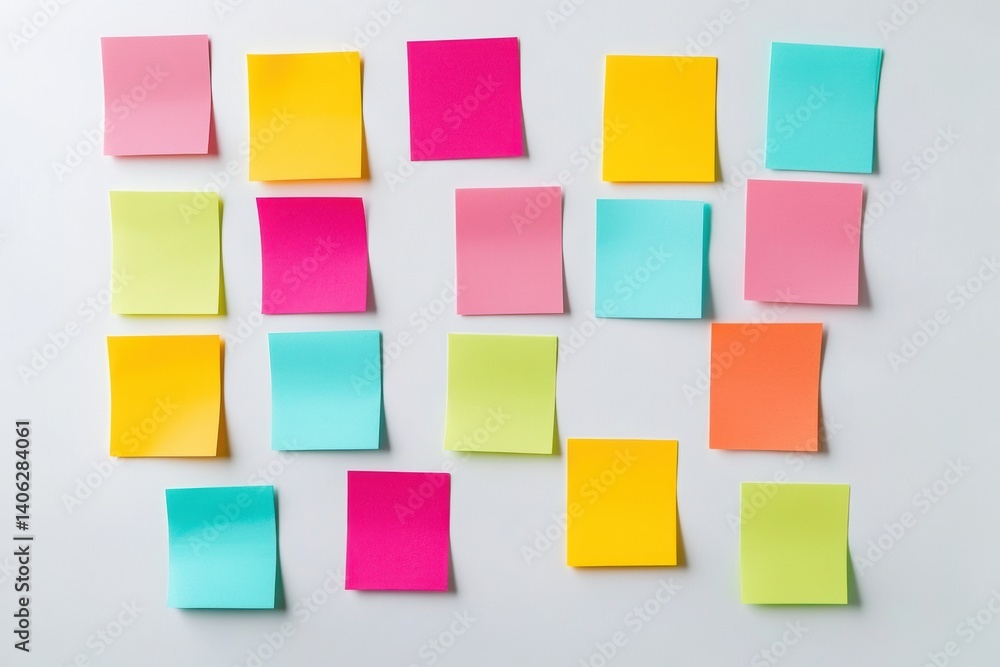 Aufkleber Colorful sticky notes and paper tabs organized on a white desk surface with a neat top-down arrangement promoting productivity