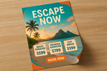 Travel Poster for Beach Mountain and City Break Escapes with Tropical Sunset and Palm Trees Featuring Prices and Booking Button on Wooden Textured Surface