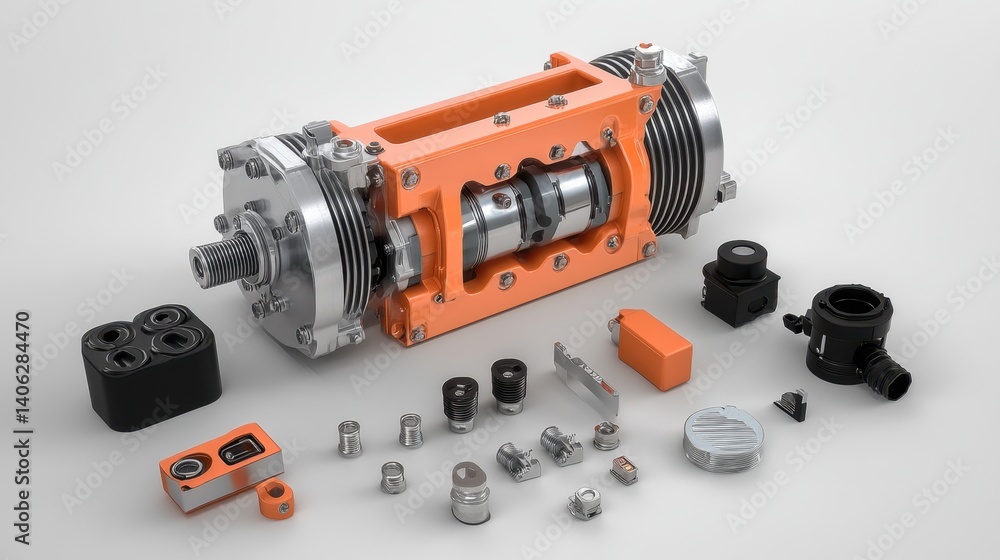 Poster breakdown view of inverter ac compressor and components labeled for educational display