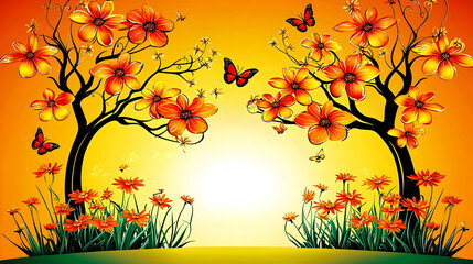 Orange floral trees sunset garden, tranquil nature scene, home decor