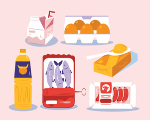Grocery Illustration Set for Food Market Packaging Kitchen Recipes with Vegetables Fruits Bread Cans Bottles