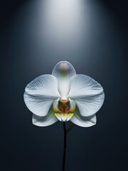 White orchid elegantly illuminated by a spotlight against a dark background, highlighting its delicate petals.