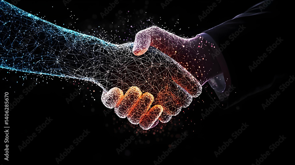 Poster Digital Render Of Abstract Handshake With Sparkling Particle Effect On Black Background Represents Business Agreement And Connection
